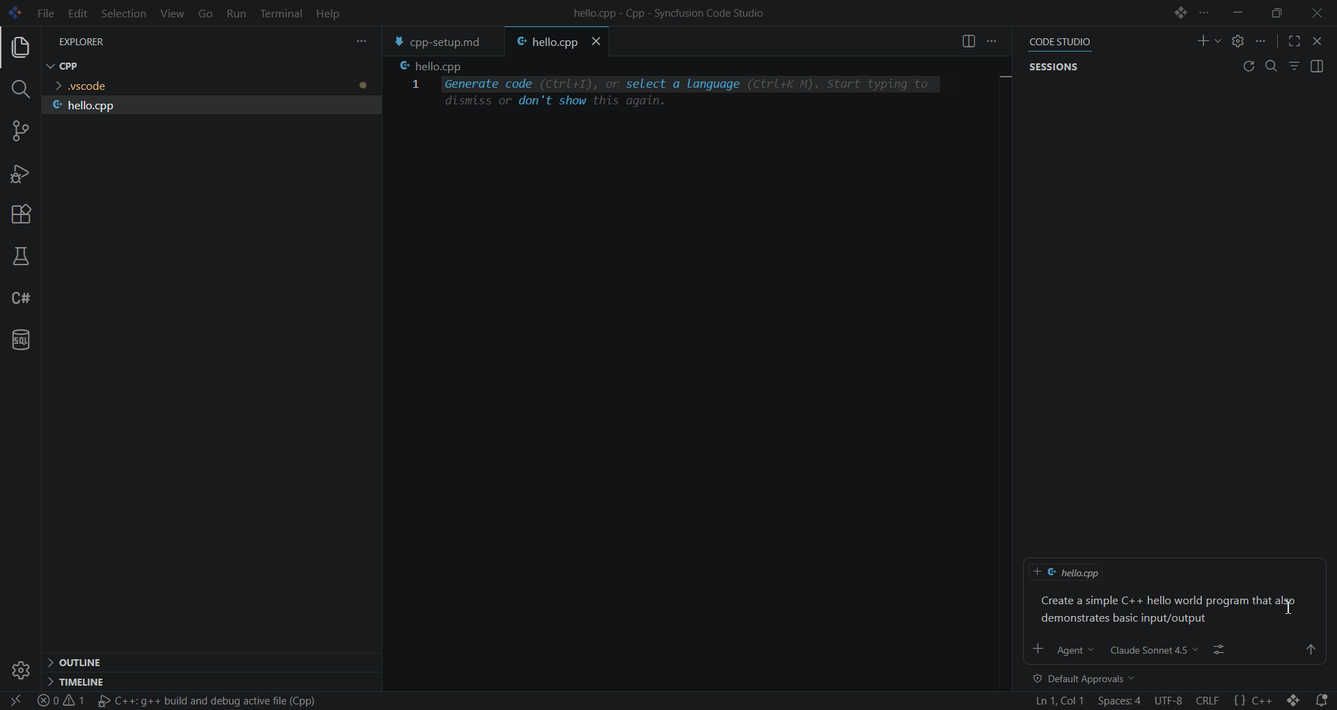 BoldCreate chat showing AI generating a C++ hello world program
