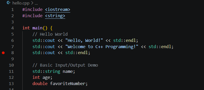 BoldCreate editor showing a red breakpoint dot next to line numbers in C++ code