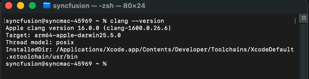 Terminal showing successful clang version output with Apple clang details