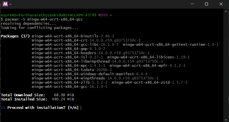 MSYS2 terminal showing GCC installation command and progress