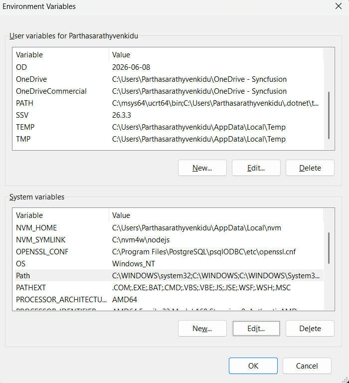 Windows Environment Variables dialog showing PATH configuration with MinGW directory