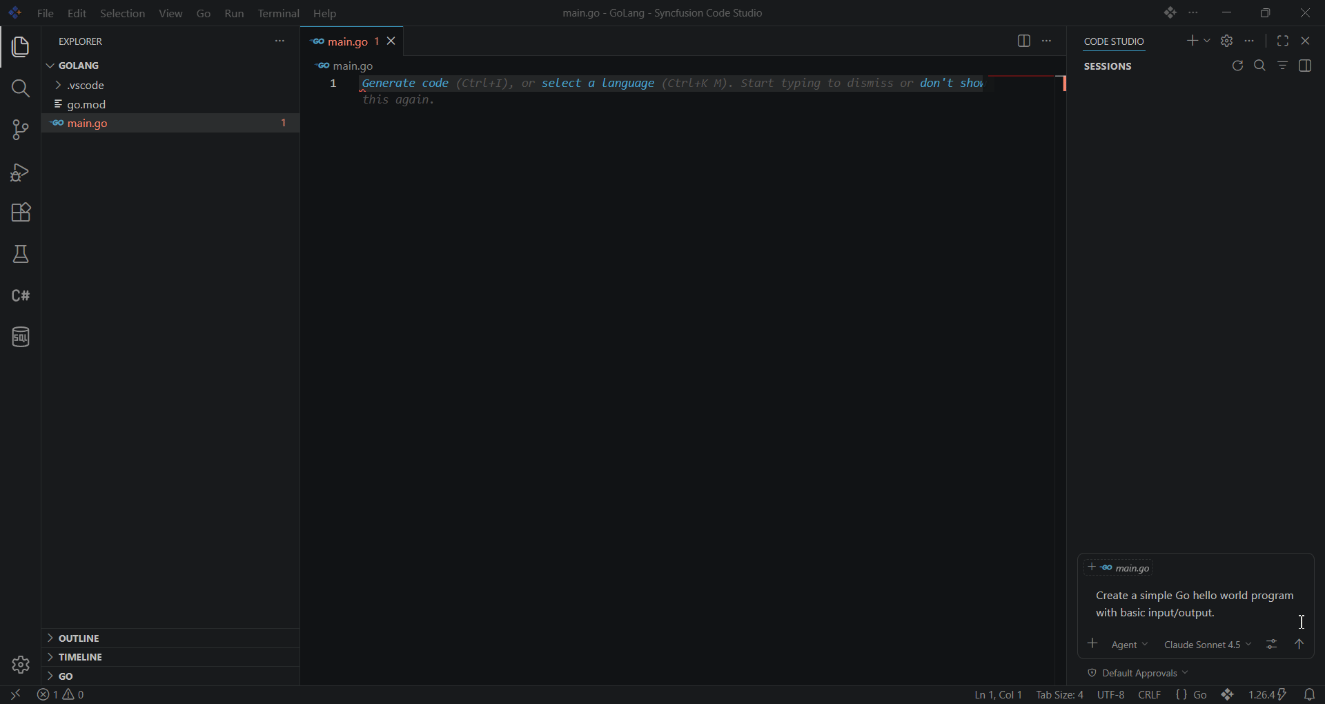 BoldCreate chat showing AI generating a Go program