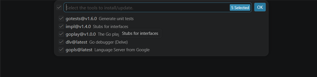 BoldCreate dialog showing list of Go tools to install including gopls, dlv, staticcheck