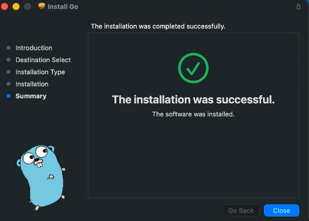 macOS installation wizard showing Go installation progress