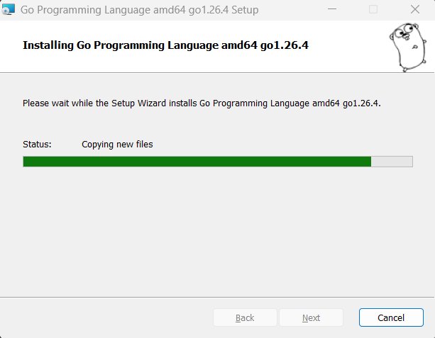 Go installation wizard showing installation progress on Windows