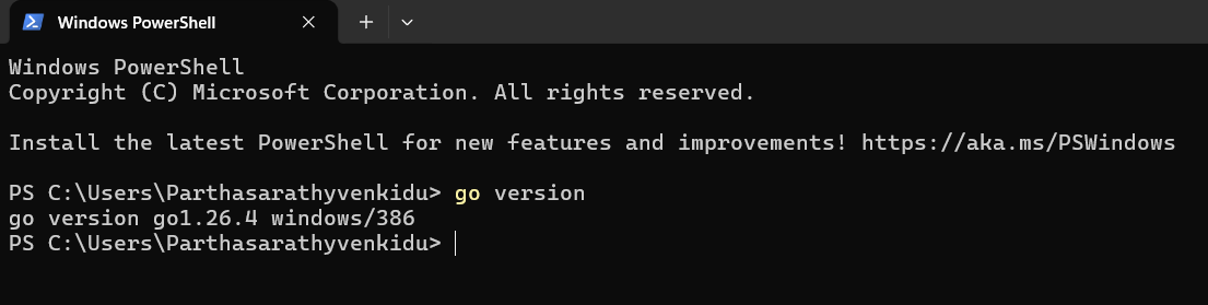Command Prompt showing successful 'go version' output