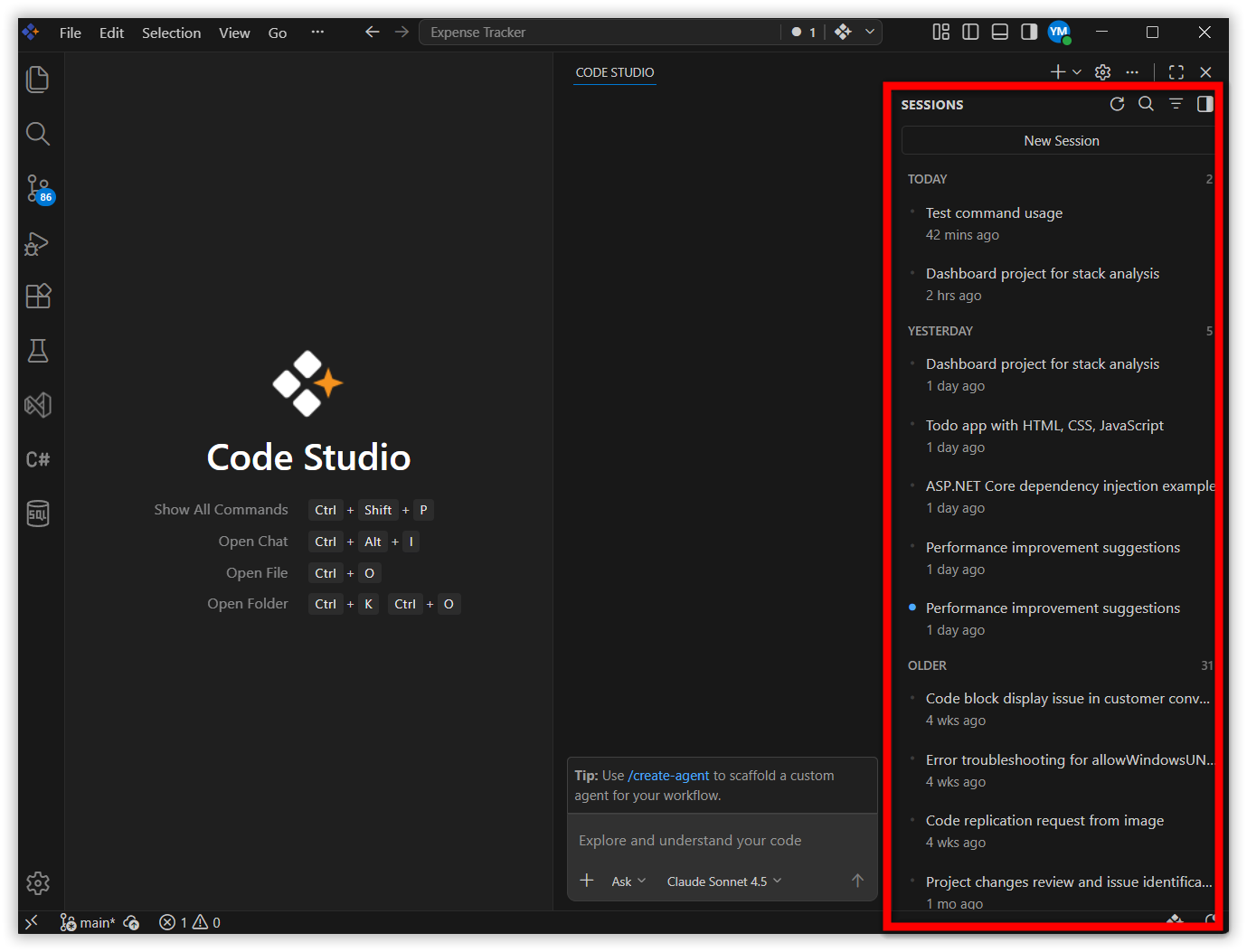 side-by-side session history view