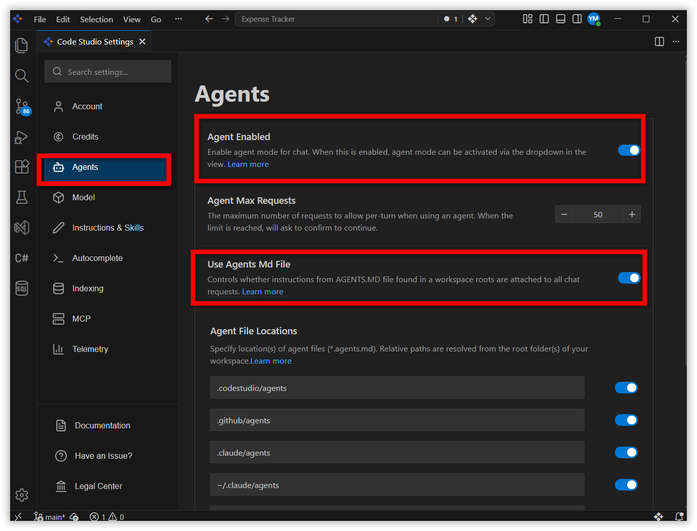 agent tab settings
