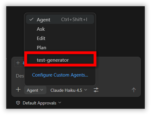 Custom agent in modes dropdown