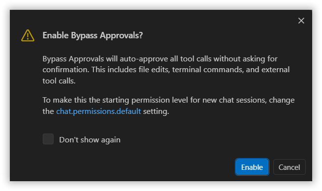 Warning dialog with Enable button confirming permission level change