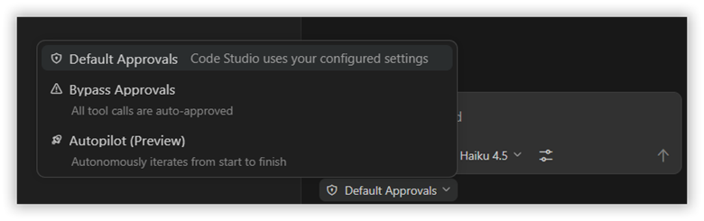 Permissions dropdown showing three options: Default Approvals (checked), Bypass Approvals, and Autopilot (Preview)