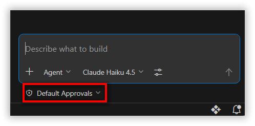 Chat view with permission level indicator showing Default Approvals with padlock icon