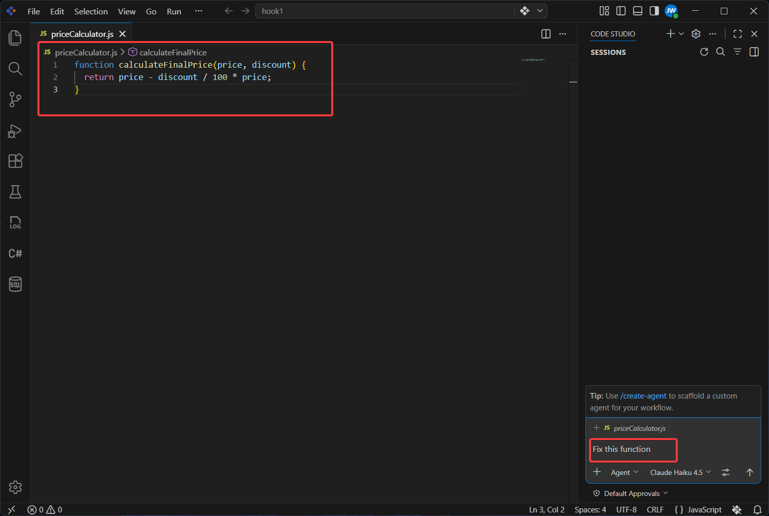 Buggy calculateFinalPrice function being dragged into the BoldCreate chat window