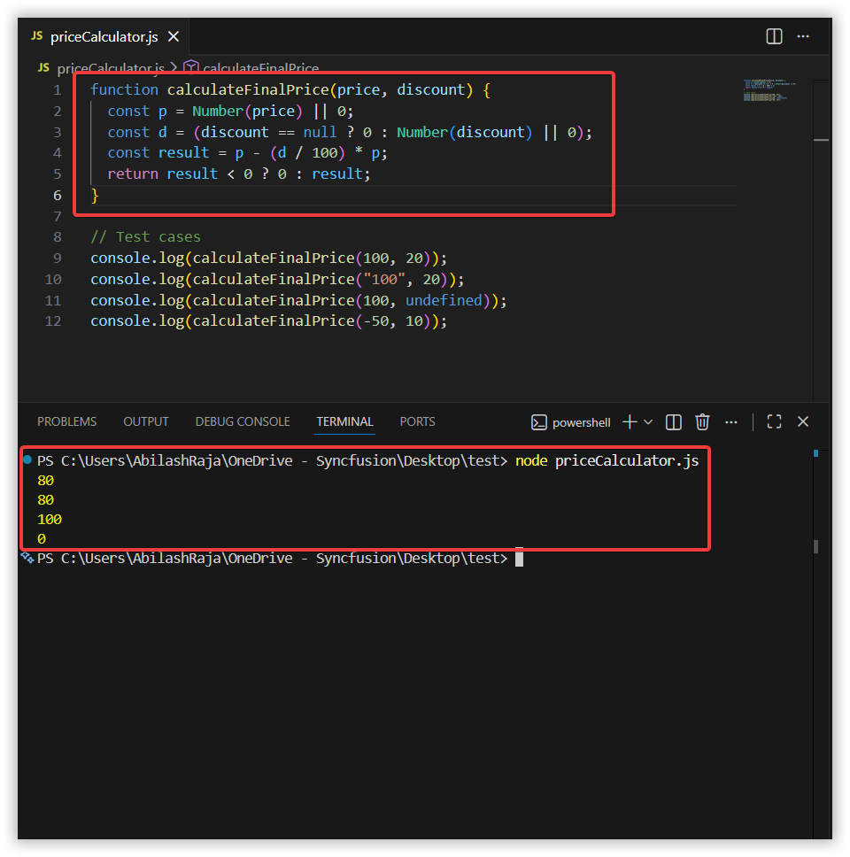 AI response showing the fixed calculateFinalPrice function addressing all four bugs