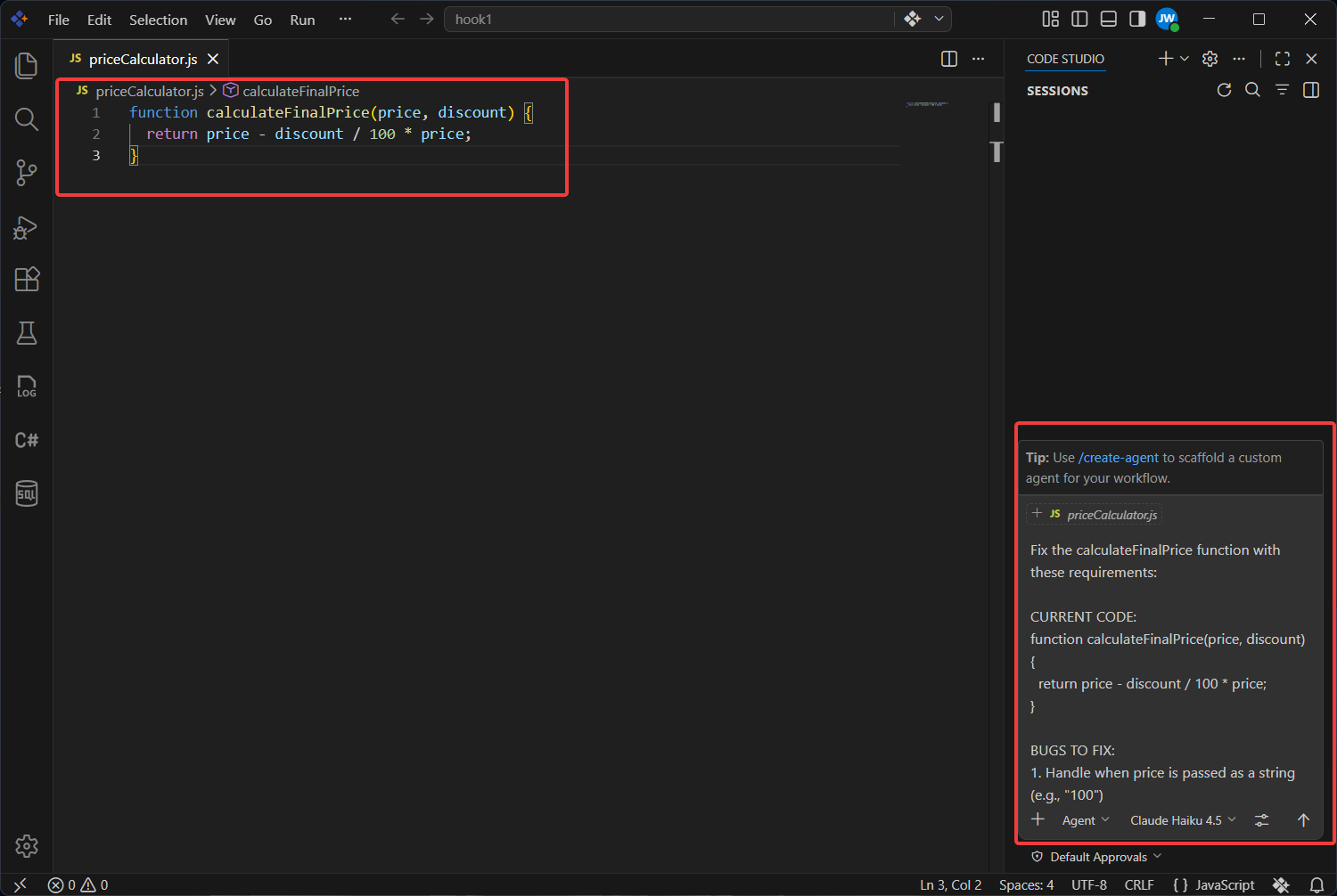 Context-aware prompt pasted into the BoldCreate Chat Panel with the calculateFinalPrice function selected in the editor