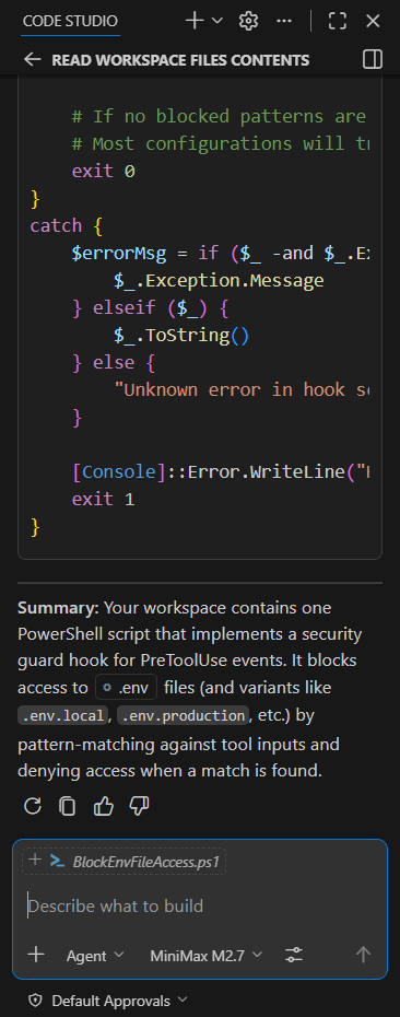 Blocked .env access message shown in the Chat Panel response