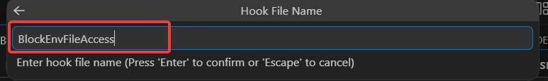 New hook named BlockEnvFileAccess shown in the Hooks list