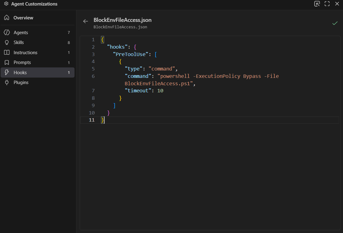 Hooks configuration mapping Pre-Tool Use to the BlockEnvFileAccess script