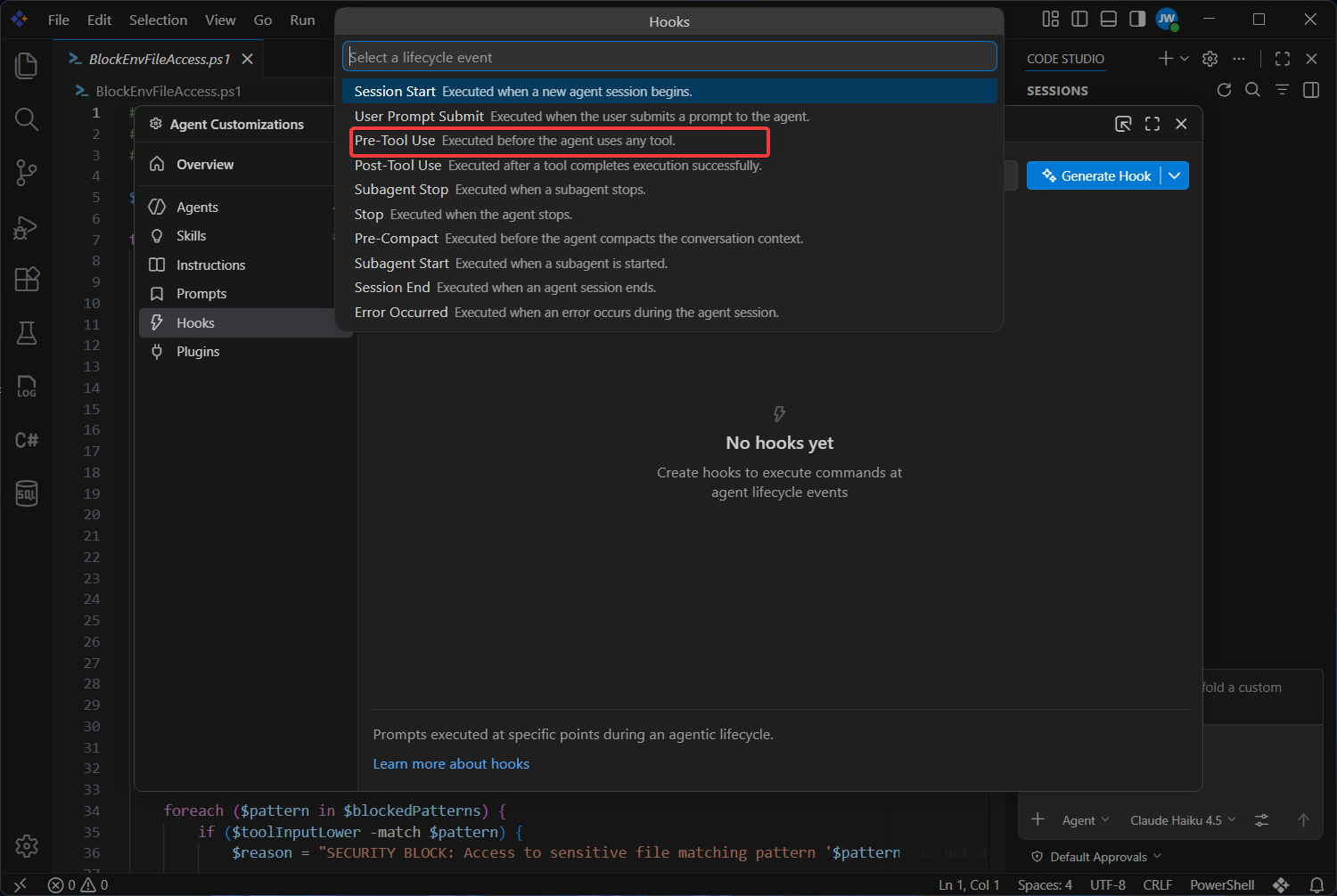 Pre-Tool Use event selected while creating a new hook