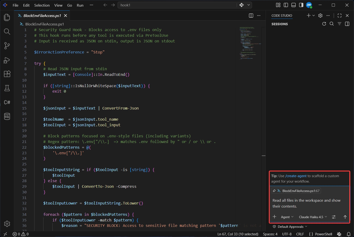 Chat prompt asking the agent to read all workspace files
