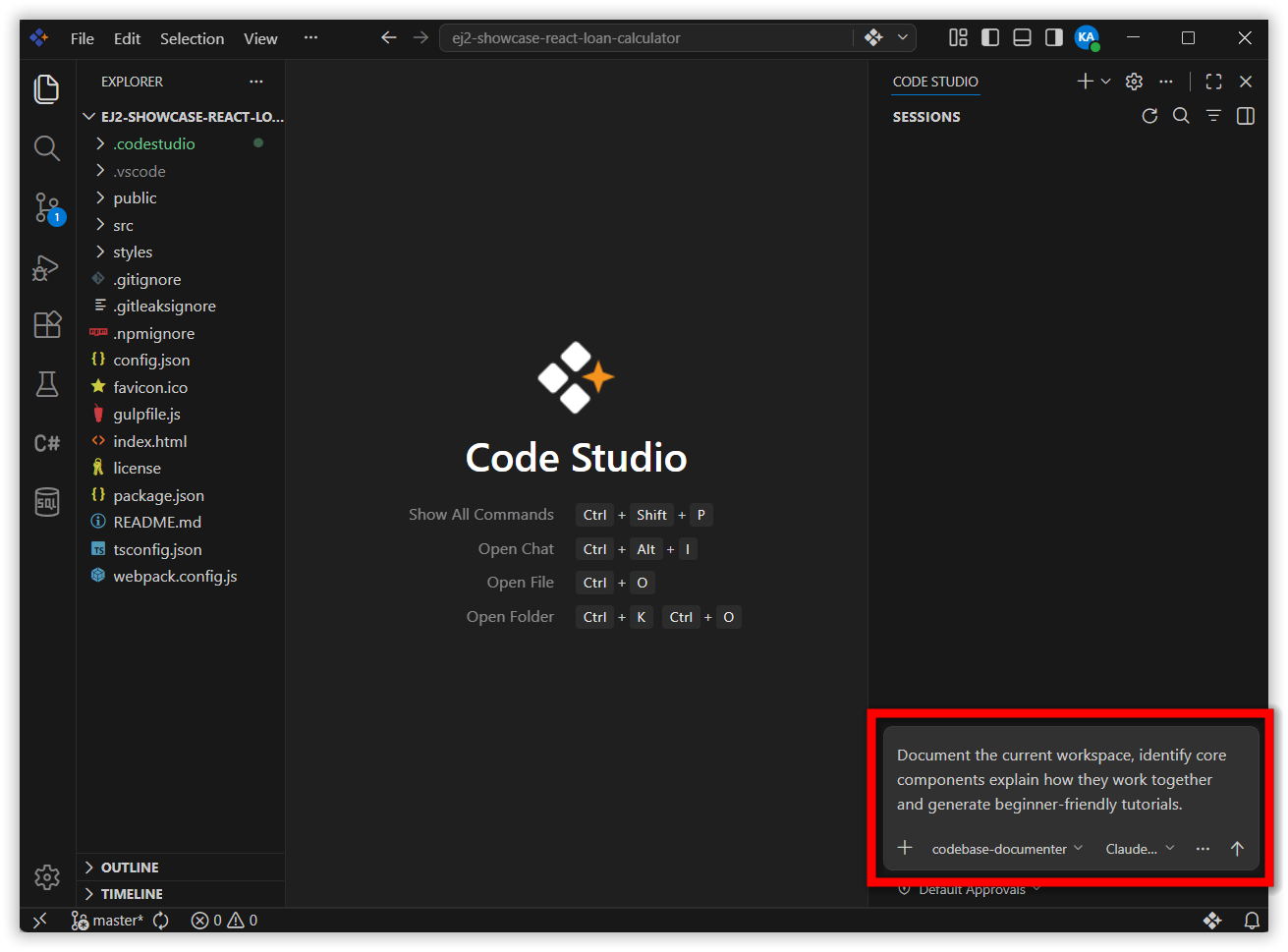 Chat session showing the Codebase Documenter agent scanning files and creating documentation