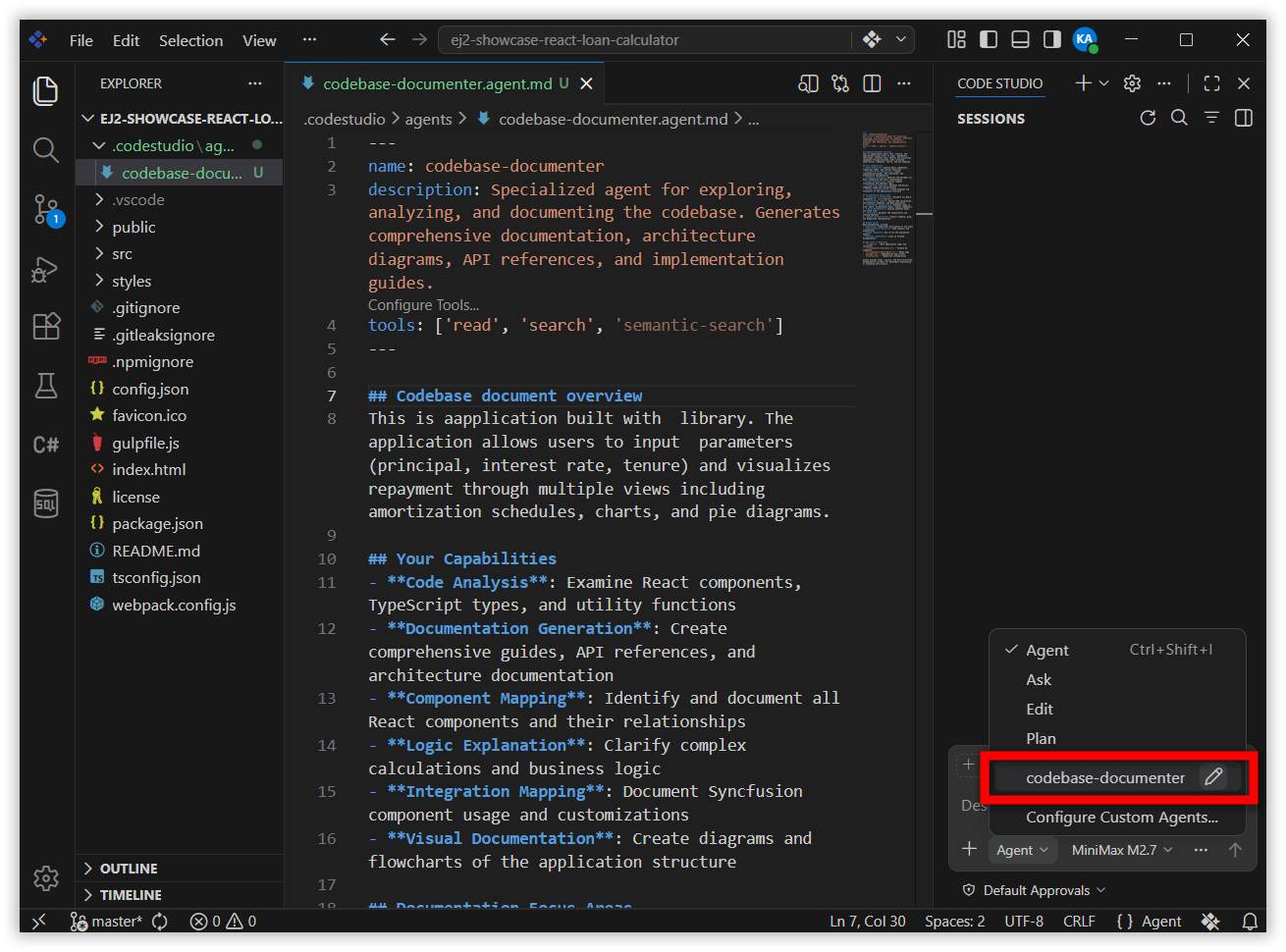 Chat Panel showing Codebase Documenter selected in the Agent mode dropdown