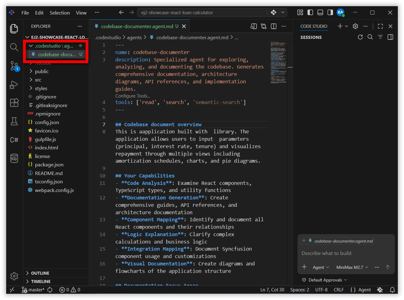 Explorer showing the .codestudio/agents folder with the Codebase-Documenter.agent.md file
