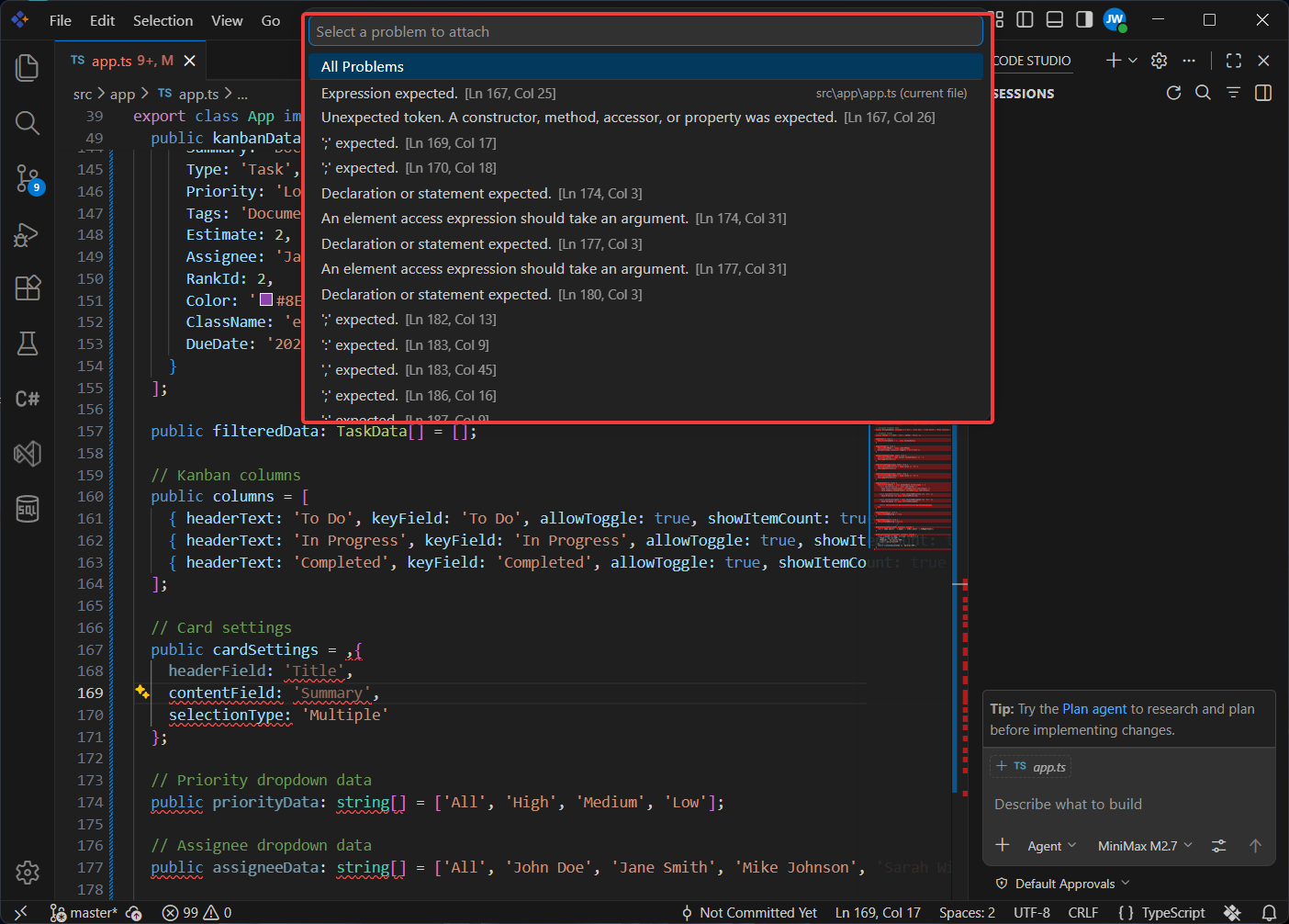 List of problems available for selection in the Add context menu