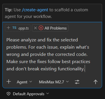 Chat Panel showing problems added as context with a prompt to fix them