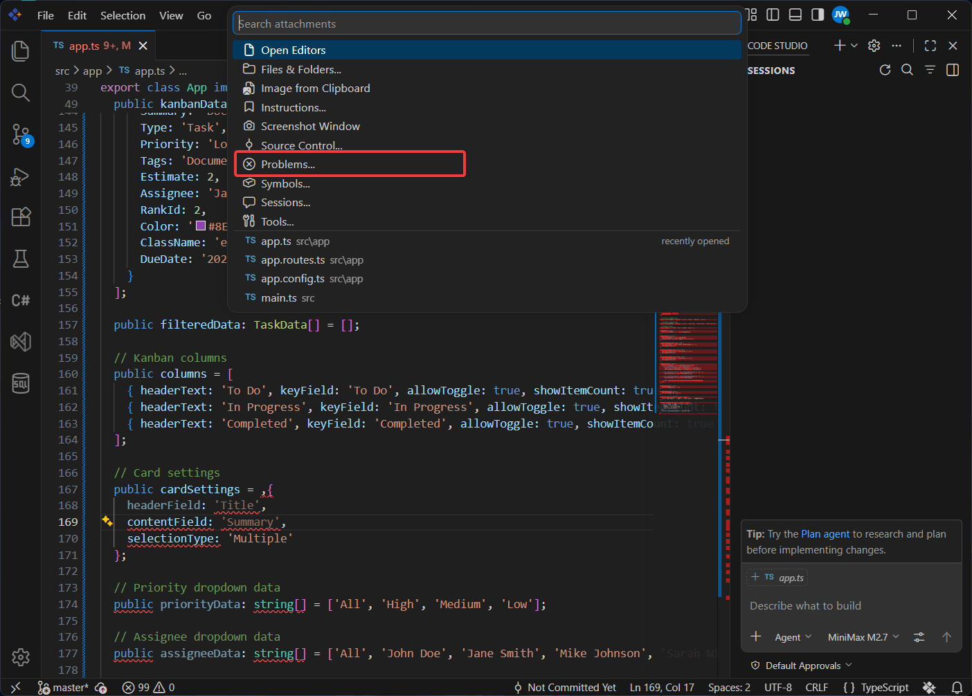 Problems option selected in the Add context attachment menu
