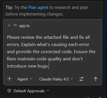 Chat Panel showing an attached file as context with a prompt to fix errors