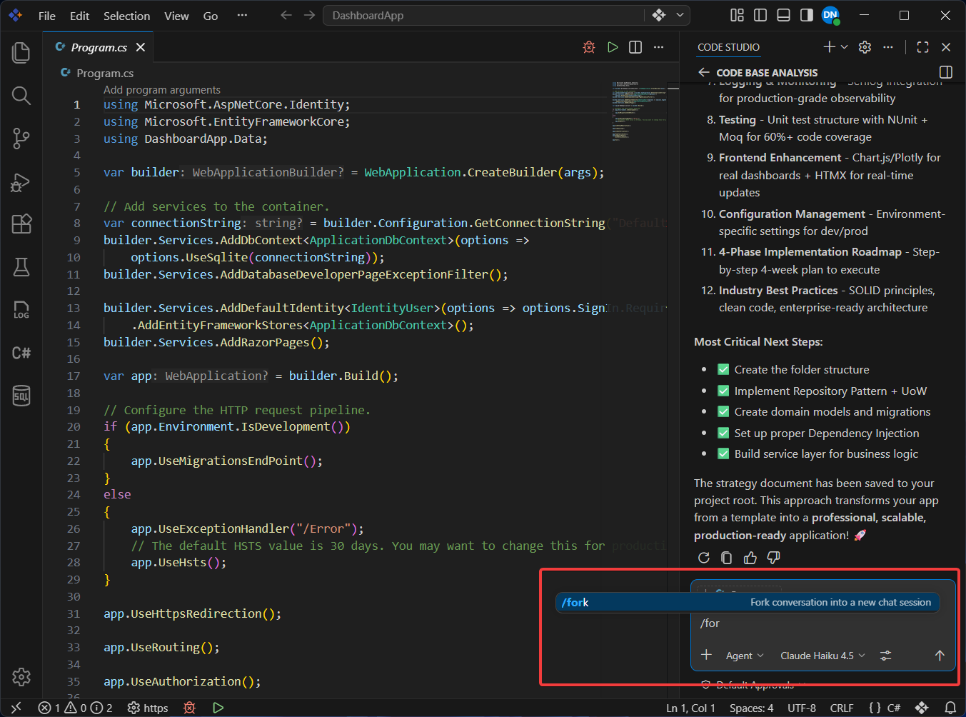 Fork entire session using /fork command