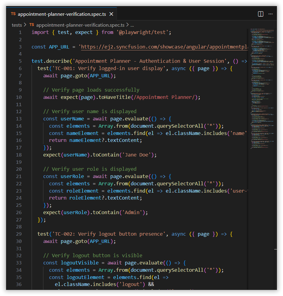 BoldCreate editor showing the generated Playwright test file with test assertions