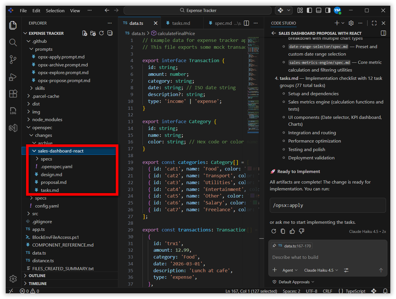The generated proposal, design, tasks, and spec files in the change folder